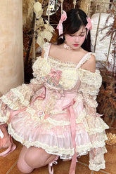 Robe Lolita Sweet en dentelle rose délicate avec fleurs, chanson d'amour et nœud en dentelle